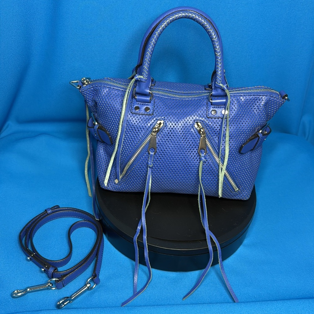 RARE REBECCA MINKOFF LARGE MOTO PERFORATED LEATHER ROYAL / COBALT BLUE SATCHEL - Picture 3 of 16